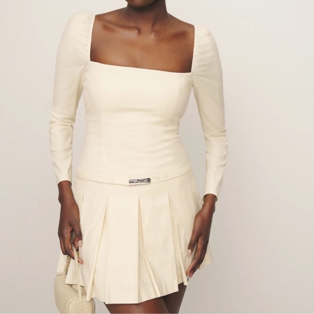 Reformation Luella Long Sleeve Square Neck Pleated Skirt Mini Dress Cream 12 NWT - Picture 2 of 15